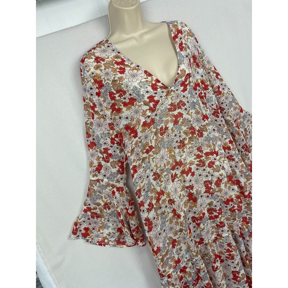 Natural Life Maxi Dress Medium Sheer Retro Floral Tiered Bell Boho Cottagecore - Picture 2 of 12